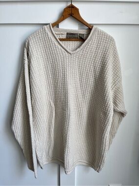 Vintage Structure Men's 100% Silk Beige Waffle Knit V-Neck Sweater Large